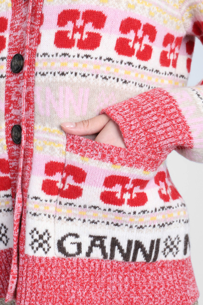 Shop Ganni Cardigan In Multicolor Wool