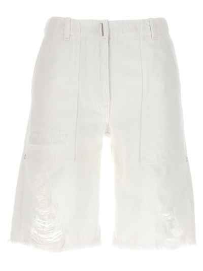 Shop Givenchy Destroyed Denim Bermuda Shorts In White