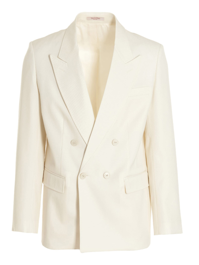 Shop Valentino Wool Double Breast Blazer Jacket In White