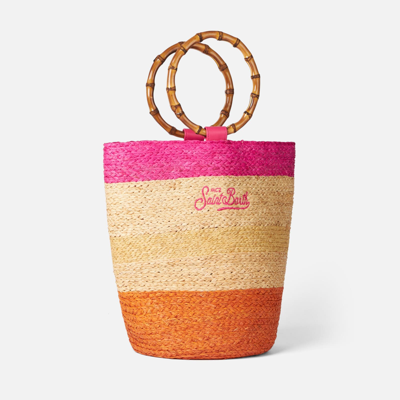 Shop Mc2 Saint Barth Raffia Multicolor Bucket Bag With Bamboo Handles