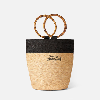 Shop Mc2 Saint Barth Raffia Bucket Bag With Bamboo Handles In White