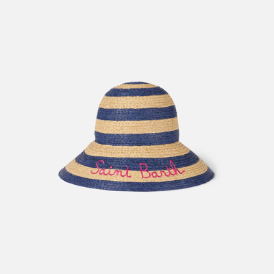 Mc2 Saint Barth Woman Straw Bucket With Front Embroidery And Stripes In Blue