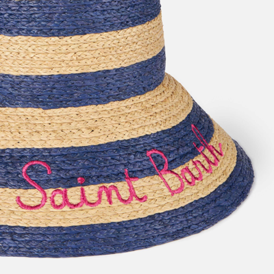 Mc2 Saint Barth Woman Straw Bucket With Front Embroidery And Stripes In Blue