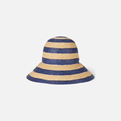 Mc2 Saint Barth Woman Straw Bucket With Front Embroidery And Stripes In Blue