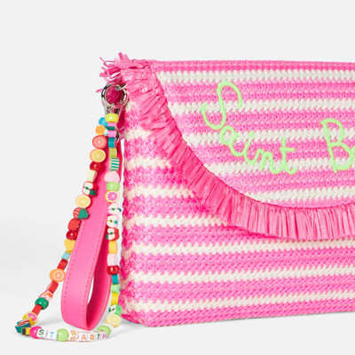 Shop Mc2 Saint Barth Straw Pochette With Fringes And Stripes In Pink