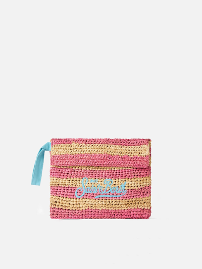 Shop Mc2 Saint Barth Raffia Striped Pouch Bag With Saint Barth Embroidery In Pink