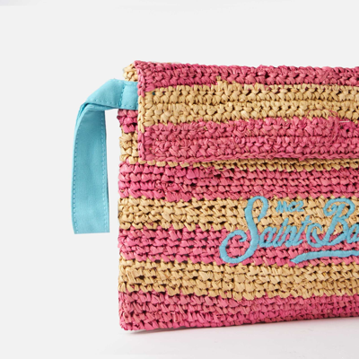 Shop Mc2 Saint Barth Raffia Striped Pouch Bag With Saint Barth Embroidery In Pink