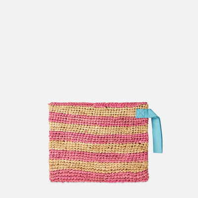 Shop Mc2 Saint Barth Raffia Striped Pouch Bag With Saint Barth Embroidery In Pink