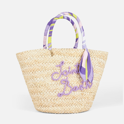 Shop Mc2 Saint Barth Straw Bag With Front Embroidery And Fabric Handles In Pink