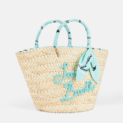 Mc2 Saint Barth Straw Bag With Front Embroidery And Fabric Handles In Green