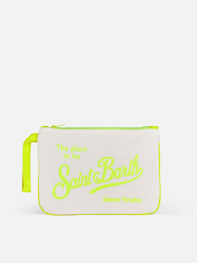 Shop Mc2 Saint Barth Parisienne White Canvas Pouch Bag With Saint Barth Print