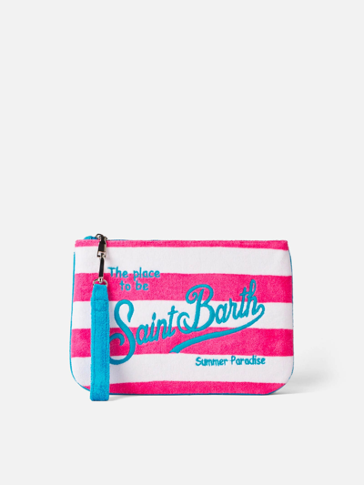 Shop Mc2 Saint Barth Parisienne Terry Pochette With White And Fuchsia Stripes In Pink