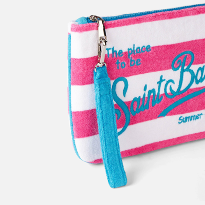 Shop Mc2 Saint Barth Parisienne Terry Pochette With White And Fuchsia Stripes In Pink