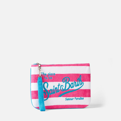 Shop Mc2 Saint Barth Parisienne Terry Pochette With White And Fuchsia Stripes In Pink