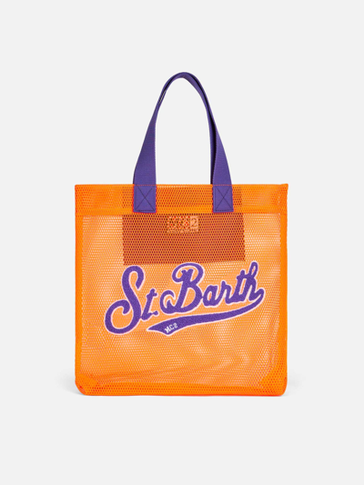 Shop Mc2 Saint Barth Mesh Orange Shopper Bag With Front Terry Embroidery