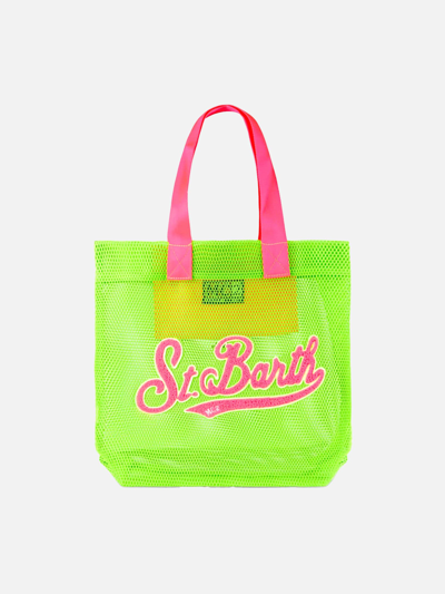 Shop Mc2 Saint Barth Mesh Green Shopper Bag With Front Terry Patch In Fluo