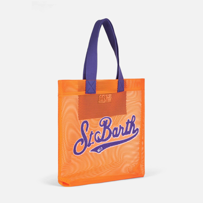 Mc2 Saint Barth Mesh Orange Shopper Bag With Front Terry Embroidery In Orange