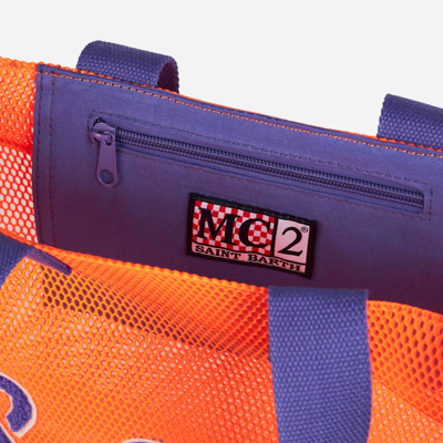 Mc2 Saint Barth Mesh Orange Shopper Bag With Front Terry Embroidery In Orange