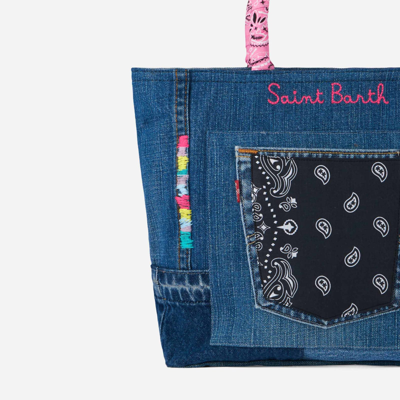 Shop Mc2 Saint Barth Denim Patchwork Handbag With Pink Bandanna Handles In Grey