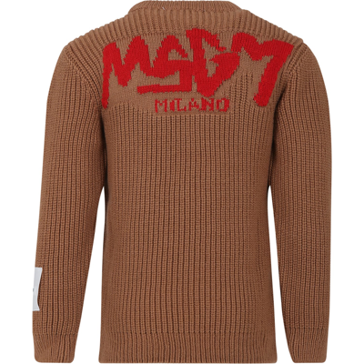 Msgm Brown Sweater For Boy With Logo In Beige