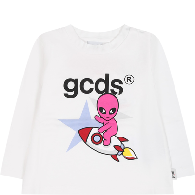 Shop Gcds Mini White T-shirt For Baby Boy With Alien Print And Logo