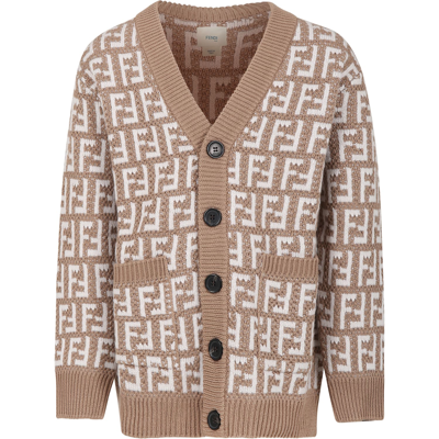 Shop Fendi Beige Cardigan With Ff For Kids In Brown