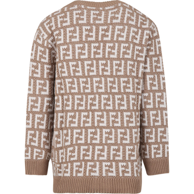 Shop Fendi Beige Cardigan With Ff For Kids In Brown