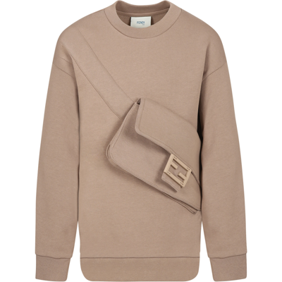 Shop Fendi Beige Sweatshirt With Baguette For Kids In Brown