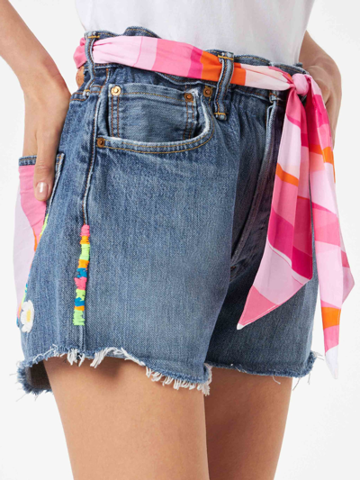 Shop Mc2 Saint Barth Woman Upcycled Denim Shorts With Embroidery In Pink