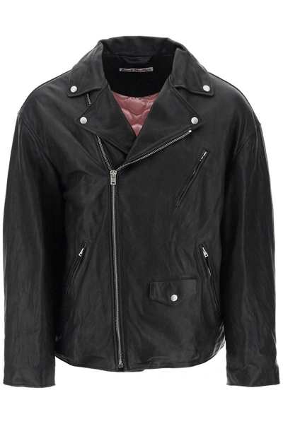 Shop Acne Studios Oversized Leather Biker Jacket In Black
