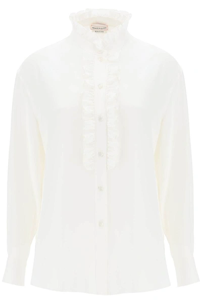 Shop Alexander Mcqueen Silk Satin Shirt With Ruffles In White