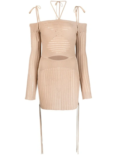 Shop Andrea Adamo Cut-out Detail Off-shoulder Mini-dress In Natural