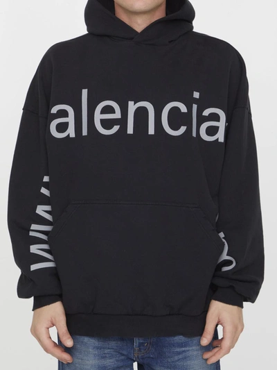 Balenciaga Logo Cotton Hoodie In Washed Black,grey