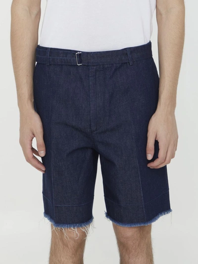 Shop Lanvin Blue Denim Bermuda Shorts In <p>pleated Bermuda Shorts In Blue Cotton And Linen Denim. It Features Zip, Button And Hook-and-eye C