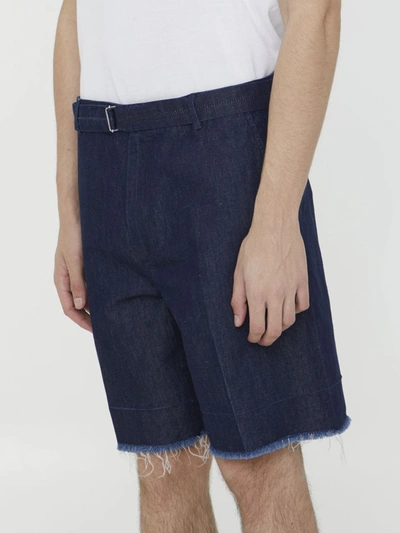 Shop Lanvin Blue Denim Bermuda Shorts In <p>pleated Bermuda Shorts In Blue Cotton And Linen Denim. It Features Zip, Button And Hook-and-eye C