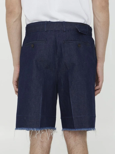 Shop Lanvin Blue Denim Bermuda Shorts In <p>pleated Bermuda Shorts In Blue Cotton And Linen Denim. It Features Zip, Button And Hook-and-eye C