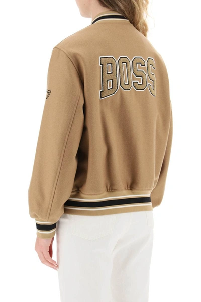 Shop Hugo Boss Boss Logo Patch Varsity Jacket In Beige
