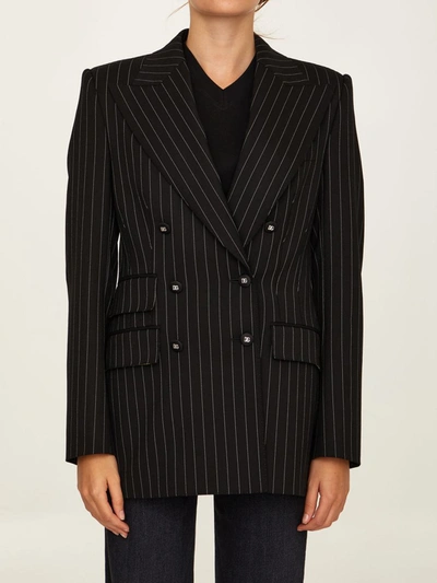 Shop Dolce & Gabbana Double-breasted Pinstripe Jacket In Black/white