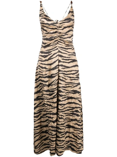 Shop Ganni Zebra-print Midi Dress In Kaki