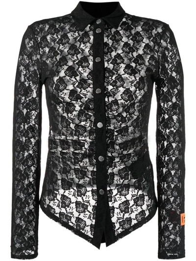 Shop Heron Preston Floral-lace Button-up Shirt In Black