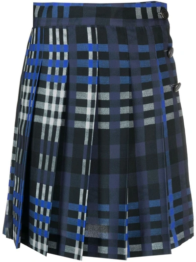 Shop Msgm Check Pleated Skirt In Blue