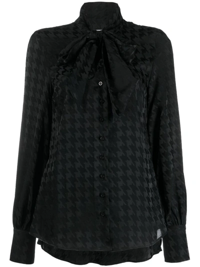 Shop Msgm Houndstooth Tie-neck Shirt In Black