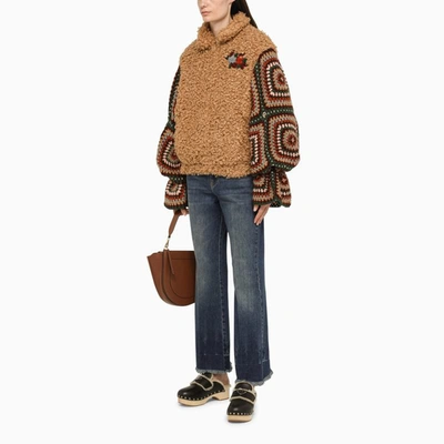Shop Tu Lizé Beige Bouclé Bomber Jacket With Crochet Sleeves In Brown
