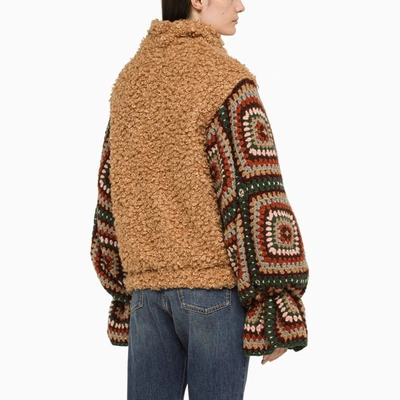 Shop Tu Lizé Beige Bouclé Bomber Jacket With Crochet Sleeves In Brown
