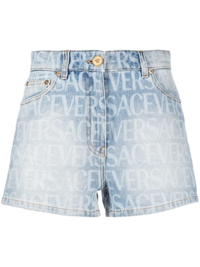 Shop Versace Logo-print Denim Shorts In Blue