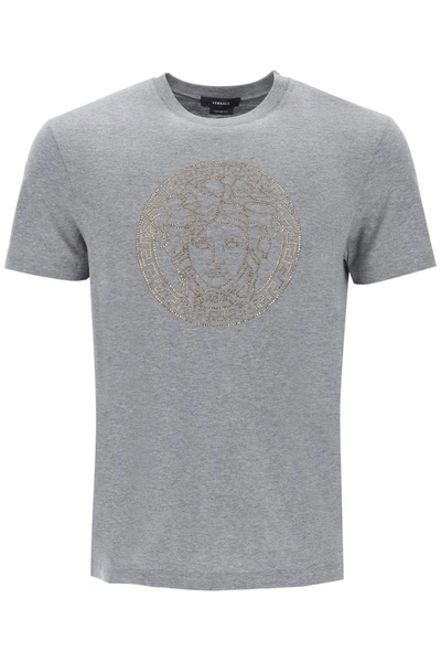 Shop Versace Rhinestones Medusa T-shirt In Grey
