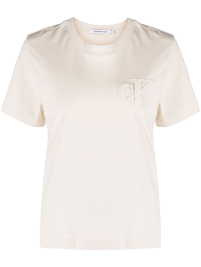 Shop Calvin Klein Jeans Est.1978 Chenille-logo Cotton T-shirt In Neutrals