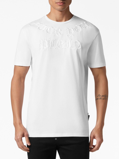 Shop Philipp Plein Gothic Logo-embossed T-shirt In White
