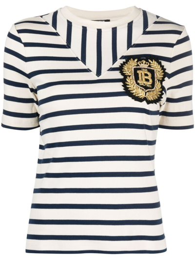Shop Balmain White Logo-patch Striped T-shirt In Neutrals