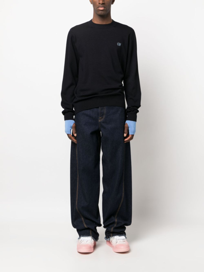 Off-white Wool Logoed Sweater With Layered Sleeves In Blau